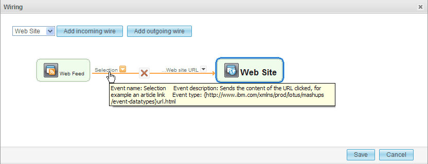 Screen capture of the Widget Wiring window with the Website widget in focus.