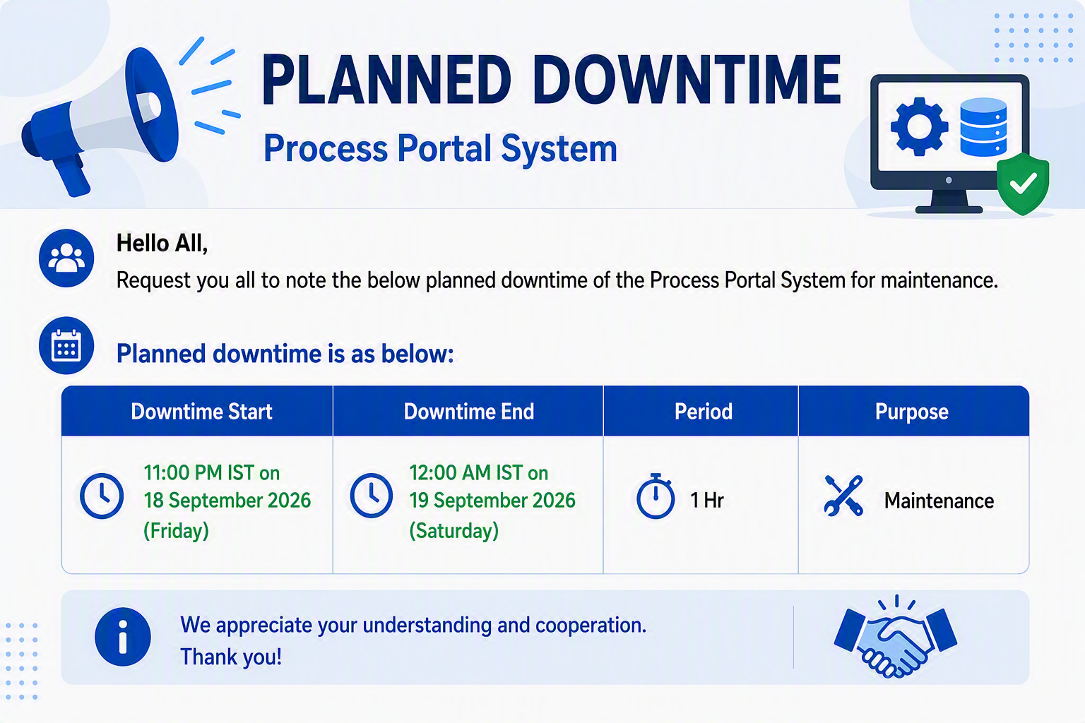 Planned downtime schedule for SAP S/4HANA ERP production system and connected applications